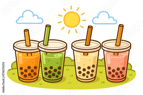 Bubble tea vector set. Boba drink cartoon illustration. Refreshing summer beverage with tapioca pearls in plastic cups. Cute kawaii graphic collection for menu design.