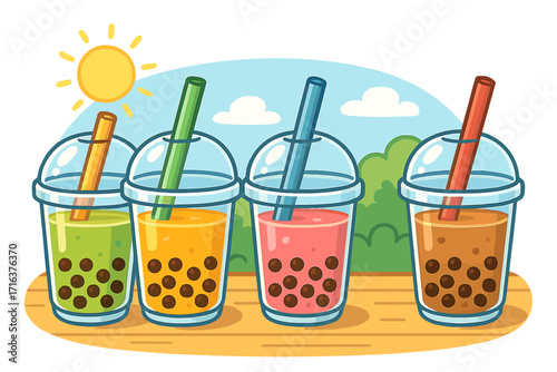 Set of colorful bubble tea cups with tapioca pearls. Refreshing boba milk tea drinks for summer. Cartoon vector illustration of various fruit flavors on a sunny day background.
