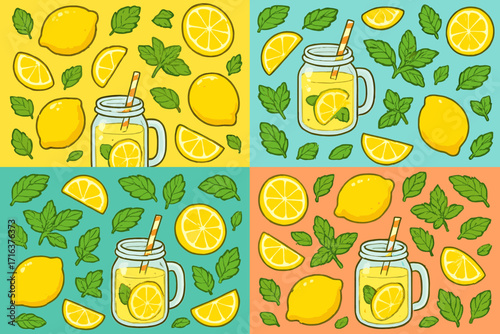 Summer lemonade seamless pattern set. Vector cartoon illustration of fresh lemons, mint leaves, and juice in a mason jar. Colorful background collection for refreshing citrus drink design.