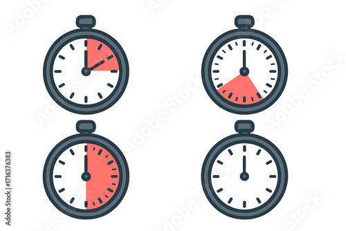 Vector timer icon set with different time intervals. Stopwatch illustration showing countdown in minutes or seconds. Concept for deadline, cooking, or sport. Flat design.
