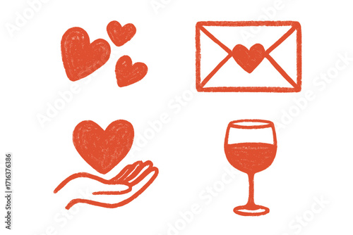 Valentine's Day icon set. Hand drawn love symbols with crayon texture. Hearts, love letter, hand giving heart, wine glass. Simple romantic holiday greeting card elements.