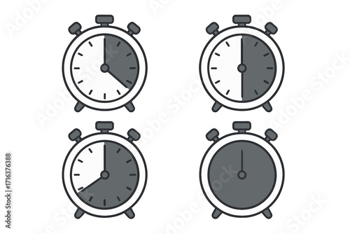 Timer icon set showing 15, 30, 45, and 60 minute countdowns. Vector stopwatch illustration for time management, deadlines, and urgency. Alarm clock minute interval icons.