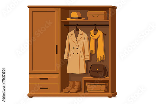 Stylish wooden wardrobe and coat storage with hat, scarf, leather bag, boots, and box accessories. Modern home interior design illustration. Organized closet vector, transparent background.