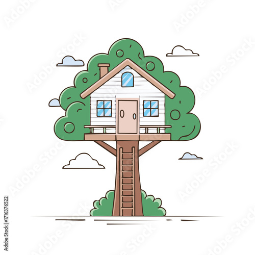 Charming treehouse with a wooden ladder and cloudy sky illustration