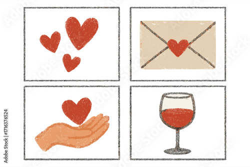Valentine's Day greeting card set. Hand-drawn charcoal pastel illustrations with hearts, love letter, hand giving love, and wine glass. Minimalist romantic concept icons.