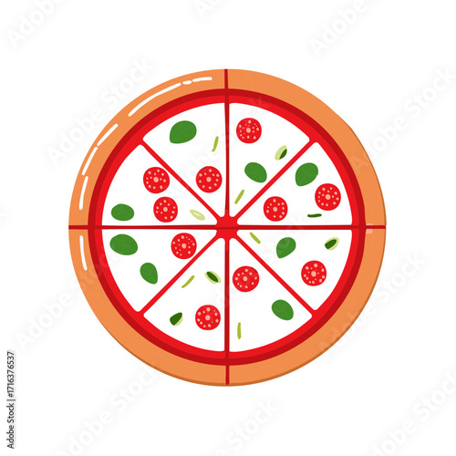 Flat design illustration of a whole sliced pepperoni pizza with fresh basil toppings