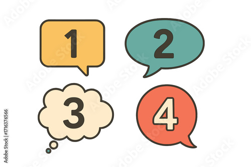 Colorful retro speech bubbles with numbers 1, 2, 3, 4. Vector illustration for infographic steps, options, or progress. Flat design comic element for dialogue or list.