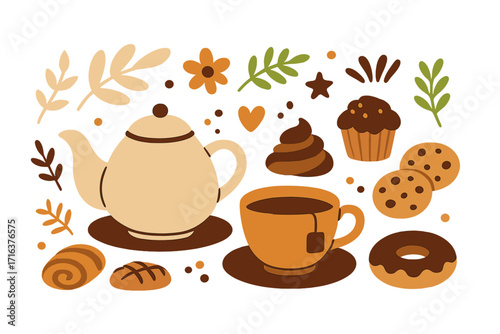 Cozy tea time vector set. Flat illustration of teapot, cup, cookies, donut, cupcake and sweets for cafe menu or bakery. Cartoon pastry and dessert icons for breakfast.