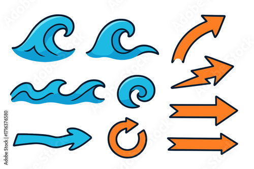 Vector illustration set of dynamic waves and arrows. Collection of cartoon water, sea, and ocean symbols. Icons representing movement, direction, flow, and creative concepts.