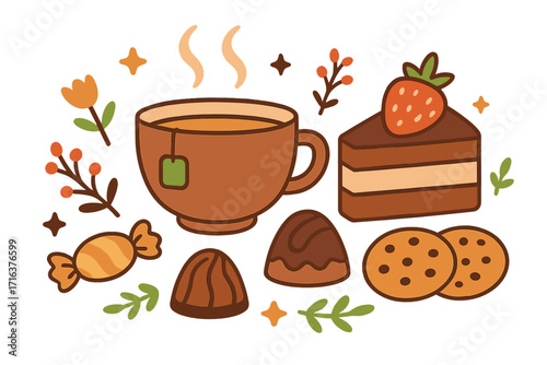 Cozy autumn tea time set with hot drink, chocolate cake slice, cookies, and sweets. Vector flat illustration for cafe menu, pastry shop, or fall season concept. Cartoon dessert collection.