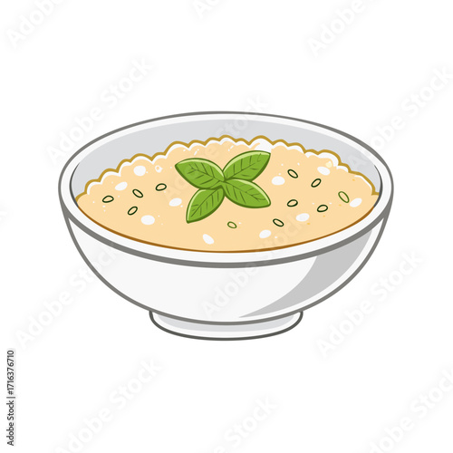 Vector illustration of a bowl of creamy risotto or porridge garnished with fresh basil leaves