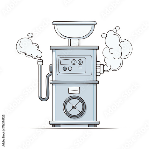 Stylized illustration of an industrial machine with steam clouds.