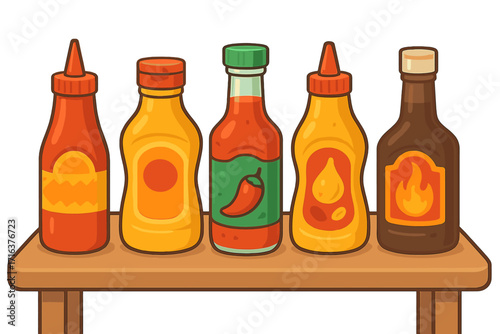 Colorful variety of sauce bottles on wooden table, cartoon vector illustration, hot chili sauce, mustard, barbecue, and cooking condiments, kitchen essentials, cooking ingredients