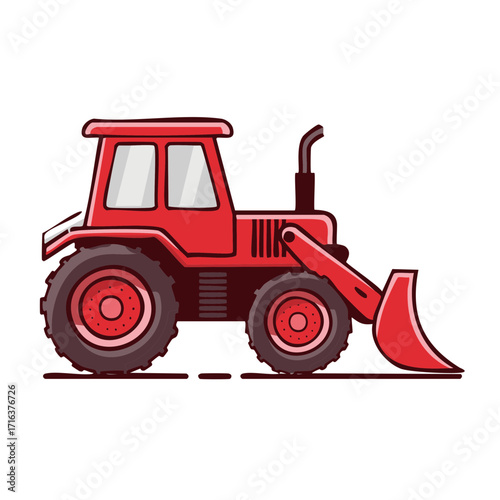 Red construction loader machine with front bucket and large wheels