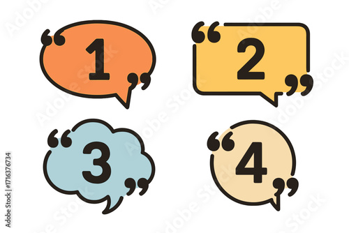 Colorful speech bubble designs with quotation marks and large numbers 1 to 4 in flat vector style for communication, dialogues, quotes, messages, and information exchange concepts
