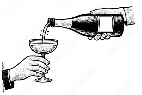 Pouring champagne from bottle into glass. Hands holding sparkling wine. Vintage New Year party, wedding toast. Retro celebration vector concept. Halftone comic style.