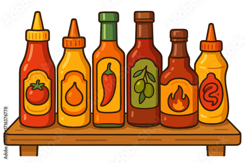 Colorful variety of sauce bottles on wooden table, cartoon vector illustration, hot sauce, ketchup, mustard, chili, olive oil, spicy condiments set for cooking and dining