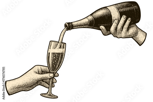 Vintage New Year party poster. Hands holding champagne glass and bottle. Pouring champagne from a bottle into a glass. Halftone engraving collage style vector illustration.