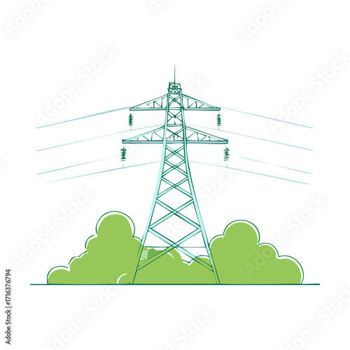 Stylized line art illustration of a high voltage electricity pylon with power lines over a green landscape
