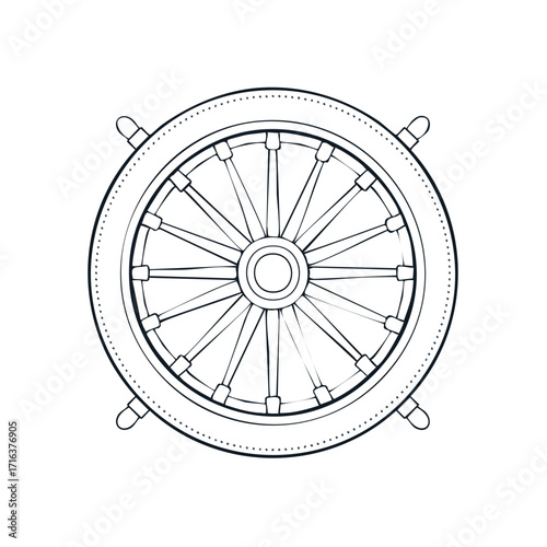 Line art of a ship's wheel helm suggesting nautical themes and maritime navigation