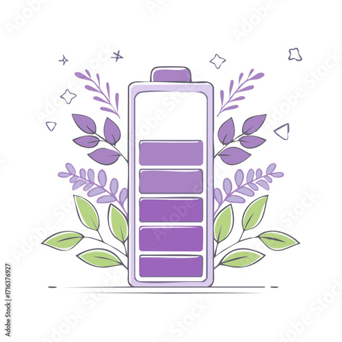 Purple Battery with Leaves Illustration, Energy Symbol, Power Level Icon, Floral Design