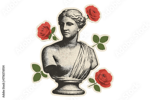 Valentine's Day concept banner with female antique sculpture, retro grunge halftone bust, romantic card template design, vintage collage with red rose paper sticker elements