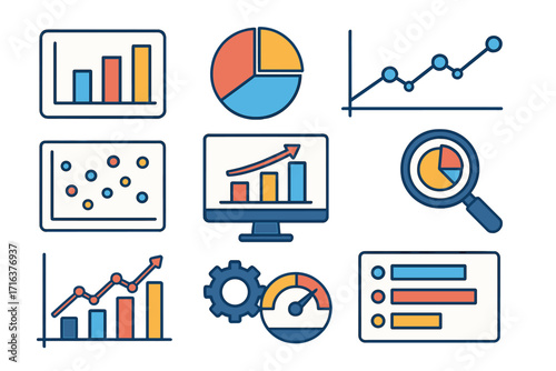 Vector flat illustration of various data visualization elements with colorful graphs, pie charts, bar charts, line charts, analytics tools, and performance metrics in modern design