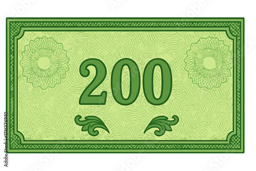 Voucher template banknote design with the number 200. Green bill with guilloche pattern, secure watermarks, and border. For gift voucher, coupon, or certificate design.