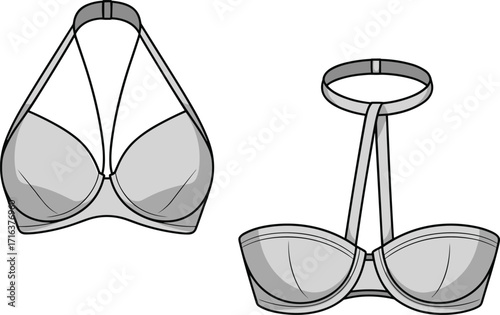 Technical drawing of a fashionable and modern halter neck bra with a keyhole design and delicate straps, perfect for contemporary lingerie and apparel.