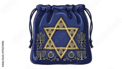 A detailed illustration of a blue drawstring bag adorned with a prominent golden Star of David, menorahs, and ornamental details, suggesting a cultural or religious significance