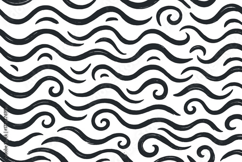 Hand drawn wavy lines seamless pattern. Abstract curly swirls and brush strokes. Black ink grunge background. Organic sea waves texture. Water flow ornament for textile.