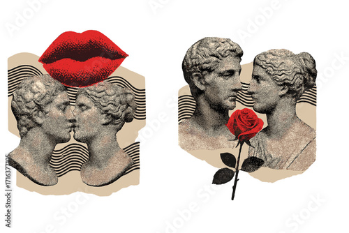 Vintage Valentine's Day romantic collage with antique man and woman sculptures, retro grunge vector cutout, red lips and rose, relationship love concept, wavy halftone elements