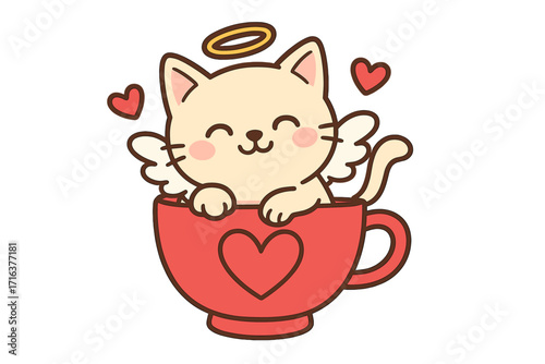 Cute cupid cat with angel wings and halo in a red love heart teacup. Kawaii cartoon character for Valentine's Day greeting card. Vector flat animal pet illustration.