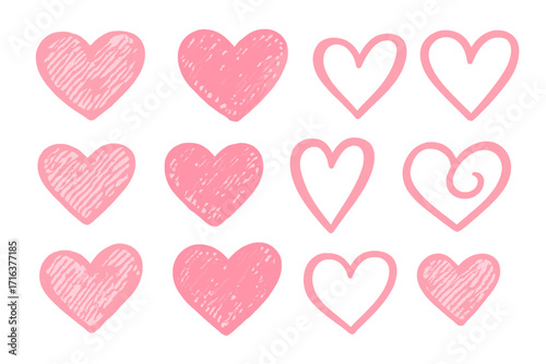 Valentine's Day set of hand-drawn pastel pink hearts, crayon stroke style, isolated on white background, sketch collection of various vector hearts, cartoon love design elements