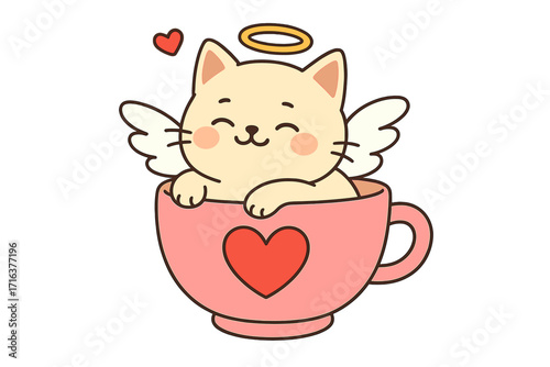 Cute cupid cat with angel wings in a tea cup. Kawaii kitten character with halo for Valentine's Day greeting card. Love symbol with heart. Adorable cartoon pet vector.