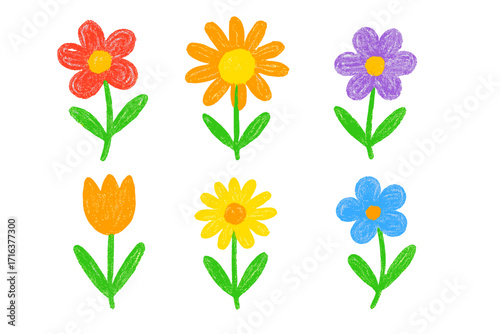 Kids drawing flowers set. Hand drawn vector illustration with color wax crayon texture. Naive childish art style floral collection. Cute cartoon doodle flowers isolated.