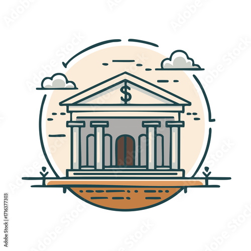 Iconic depiction of a bank building, with columns, dollar sign, surrounded by clouds, for finance, loan, savings, or financial industry concepts.
