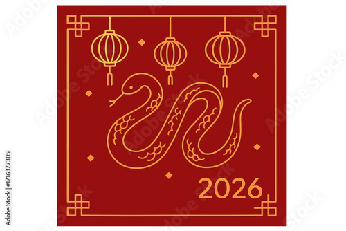 Year of the Snake 2026 Chinese New Year greeting card. Gold line art snake zodiac, red background with lanterns. Luxury minimal geometric vector for Lunar New Year banner.