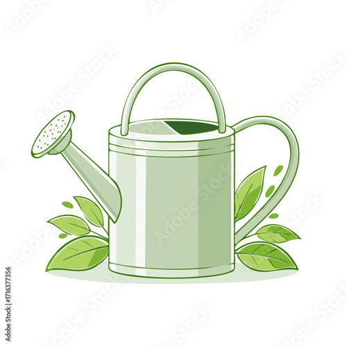 Stylized green watering can with fresh leaves, an icon for gardening and agriculture