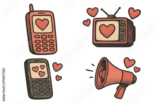 Retro Valentine's Day communication icon set. Old y2k push-button mobile phone, vintage TV, and megaphone broadcasting hearts. Love message concept with halftone grunge texture.