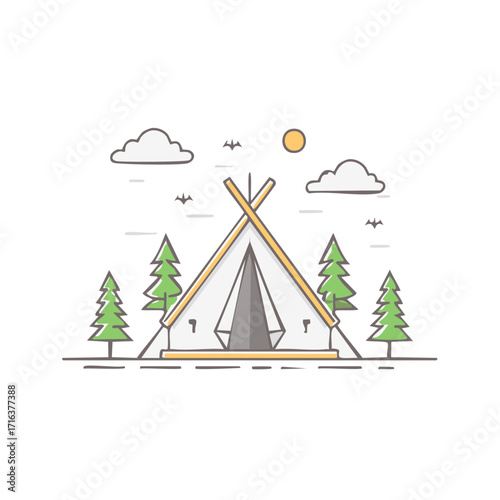Camping illustration of a teepee tent with trees, clouds, and a sun in nature.