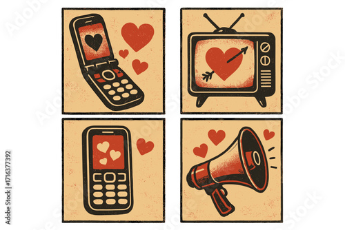 Retro Valentine's Day greeting cards set. Halftone collage grunge texture. Y2K old mobile phone, vintage TV, megaphone with hearts. Love message communication concept.