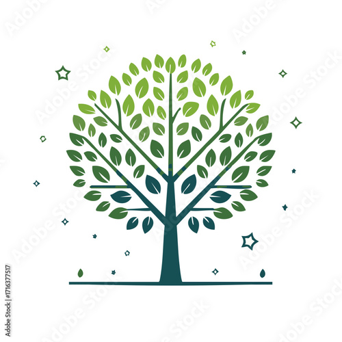 Vibrant Green Tree With Gradient Leaves And Falling Droplets And Stars