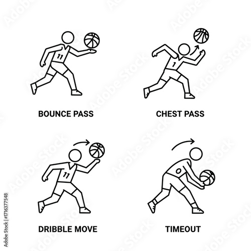 Collection of Basketball themed icons, including Bounce Pass, Chest Pass, Dribble Move, Timeout