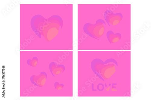 Romantic Valentine's Day Love Posters Design Template Set with Holographic Pink Hearts, Soft Mesh Gradient Background, Cute Event Flyers for Social Media, Banners, and Mobile Posts