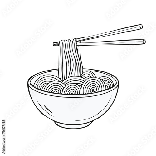 Noodles in a Bowl with Chopsticks Hand Drawn Asian Food Doodle Style