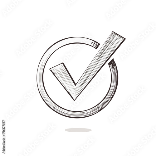 Hand drawn check mark symbol inside a circle representing confirmation approval and completion