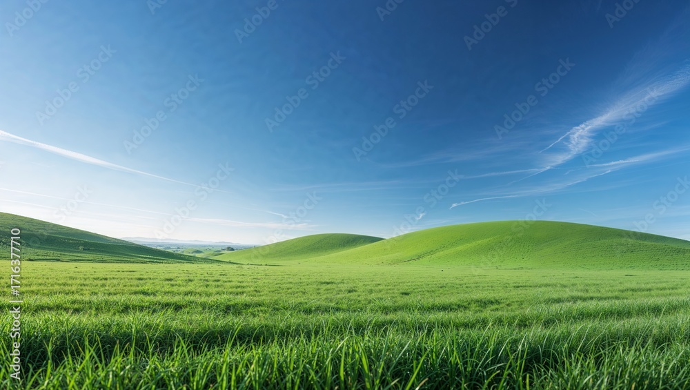 Fototapeta premium Minimalist summer landscape of a vibrant green field under a clear blue sky. A peaceful, natural background representing tranquility, nature, and open space