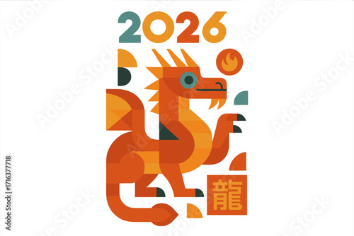 Chinese New Year of the Dragon 2026 vertical poster. Geometric mosaic style card template. Flat modern vector design of the chinese zodiac animal with character translation.