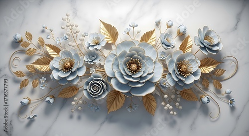 Luxurious floral arrangement with light blue and gold accents on marble